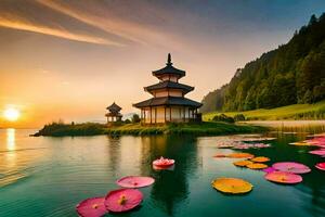 a lindo pagode e lótus flores às pôr do sol. gerado por IA foto