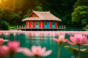 lótus lagoa e casa dentro tailândia. gerado por IA foto