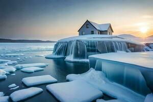 uma casa senta em a gelo floe dentro a meio do a oceano. gerado por IA foto