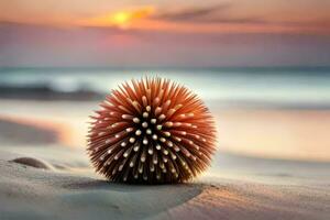 uma bola do espetado mar ouriço em a de praia às pôr do sol. gerado por IA foto