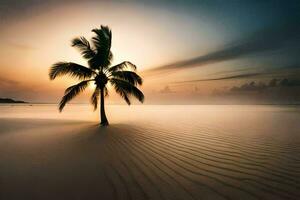 uma Palma árvore carrinhos sozinho em uma arenoso de praia às pôr do sol. gerado por IA foto