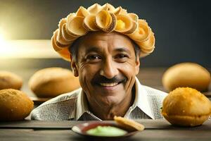 uma homem vestindo uma chapéu com uma grupo do pães. gerado por IA foto