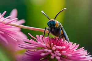 uma fechar acima do uma erro em uma Rosa flor. gerado por IA foto