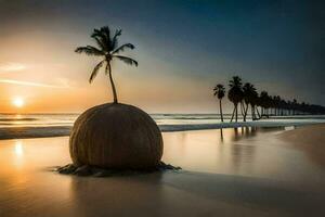 uma coco árvore é sentado em a de praia às pôr do sol. gerado por IA foto