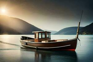 uma barco em a água às pôr do sol. gerado por IA foto