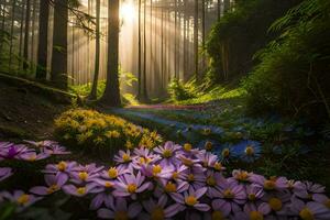 uma floresta com flores e raios de sol. gerado por IA foto