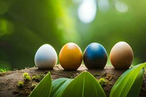 cinco colorida ovos estão sentado em uma ramo. gerado por IA foto