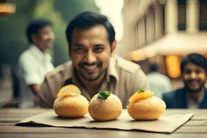 uma homem sorrisos enquanto segurando três pequeno pastelaria. gerado por IA foto