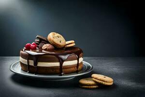 uma chocolate bolo com biscoitos e creme em uma placa. gerado por IA foto