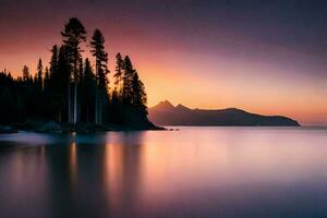 uma lindo pôr do sol sobre uma lago com árvores gerado por IA foto