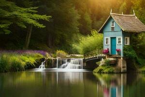 foto papel de parede água, casa, ponte, cachoeira, floresta, casa, ponte, água, casa. gerado por IA