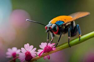 uma colorida erro com vermelho olhos sentado em uma flor. gerado por IA foto