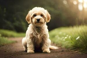 uma pequeno branco cachorro sentado em a terra dentro a meio do uma campo. gerado por IA foto