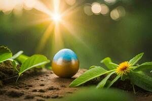 uma azul e ouro ovo é sentado em a terra com verde folhas. gerado por IA foto