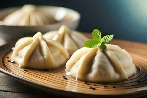 três dumplings em uma de madeira prato com uma tigela do sopa. gerado por IA foto