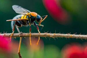 uma vespa é sentado em uma ramo com vermelho flores gerado por IA foto