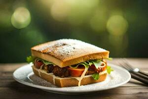 uma sanduíche com queijo, tomates e alface em uma branco placa. gerado por IA foto