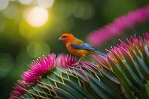 uma colorida pássaro senta em topo do uma Rosa flor. gerado por IA foto
