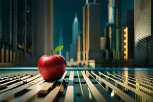 a maçã senta em topo do uma mesa dentro frente do uma cidade. gerado por IA foto