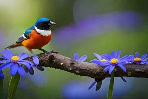 uma colorida pássaro senta em uma ramo com roxa flores gerado por IA foto