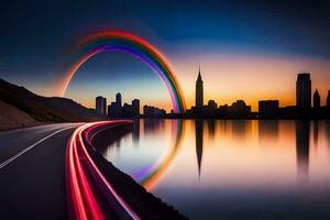 uma arco Iris é visto dentro a distância sobre uma cidade. gerado por IA foto