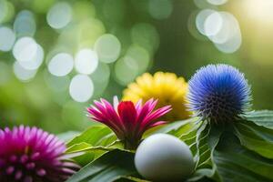 colorida flores e a ovo em uma verde fundo. gerado por IA foto
