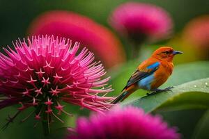 uma colorida pássaro senta em topo do uma Rosa flor. gerado por IA foto