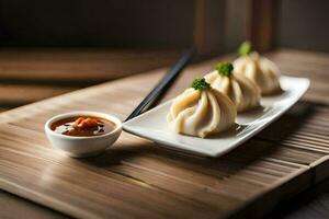 três dumplings em uma prato com molho e pauzinhos. gerado por IA foto