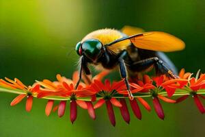 uma abelha com amarelo olhos e verde olhos é sentado em uma flor. gerado por IA foto