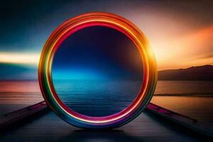 uma circular espelho com uma arco Iris luz dentro a meio. gerado por IA foto