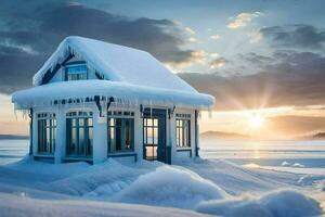 foto papel de parede a céu, neve, casa, a sol, a mar, a lago, o. gerado por IA