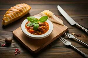 uma tigela do sopa com pão e uma faca em uma de madeira mesa. gerado por IA foto