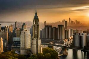 uma cidade Horizonte com alta edifícios e uma rio. gerado por IA foto