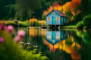 uma azul casa senta em a Beira do uma lago. gerado por IA foto