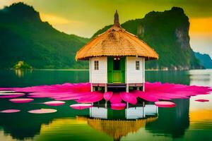 uma casa em a água com uma Rosa lótus flor. gerado por IA foto