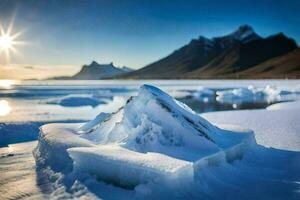 a Sol brilha em uma neve coberto montanha. gerado por IA foto