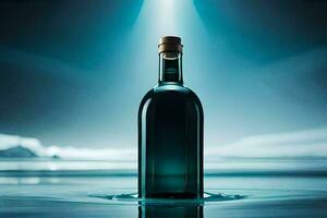 uma garrafa do azul líquido sentado em a superfície do água. gerado por IA foto