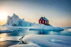 uma vermelho casa em a iceberg dentro a meio do a oceano. gerado por IA foto