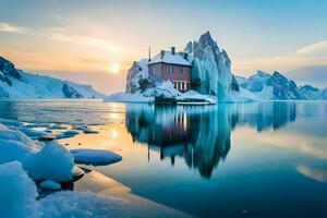 uma casa em a iceberg dentro a meio do a oceano. gerado por IA foto