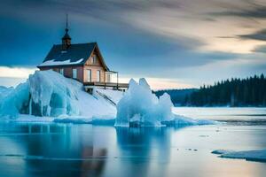 uma casa em a iceberg dentro a meio do a lago. gerado por IA foto