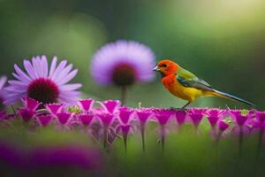 uma colorida pássaro é empoleirado em alguns roxa flores gerado por IA foto