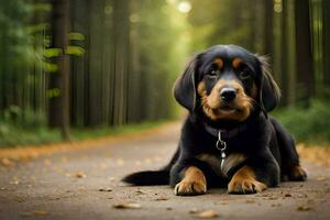 uma Preto e bronzeado cachorro sentado em a estrada dentro a madeiras. gerado por IA foto