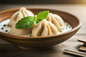 dumplings dentro uma tigela com leite e ervas. gerado por IA foto