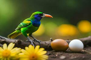 uma colorida pássaro é em pé Próximo para a ovo. gerado por IA foto