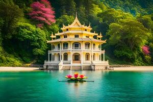 uma lindo chinês pagode sentado em a água. gerado por IA foto