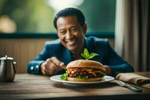 uma homem sorrisos enquanto segurando uma prato com uma Hamburger. gerado por IA foto