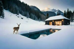 uma veado carrinhos perto uma piscina dentro a neve. gerado por IA foto
