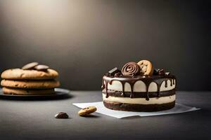 uma chocolate bolo com biscoitos e creme em uma mesa. gerado por IA foto