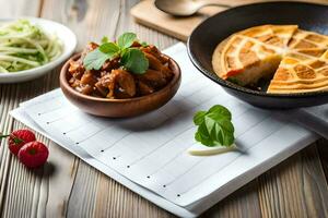 uma waffle com carne e legumes em uma de madeira mesa. gerado por IA foto