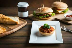 uma prato com uma Hamburger, pão e uma garrafa do ketchup. gerado por IA foto